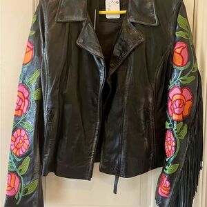 Free People Black Leather Jacket with Floral Embroidery